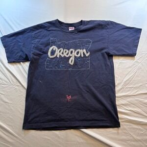 Bayside Oregon State Map Graphic T-Shirt Navy Blue Made in USA Large